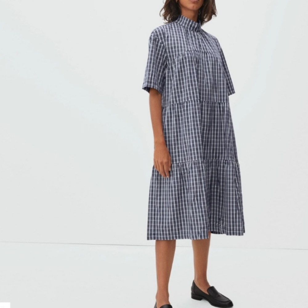 Everlane Navy and White Checked Midi Dress
